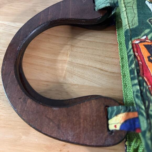 Island Patchwork Bag Wooden Handle Purse - Picture 9 of 12